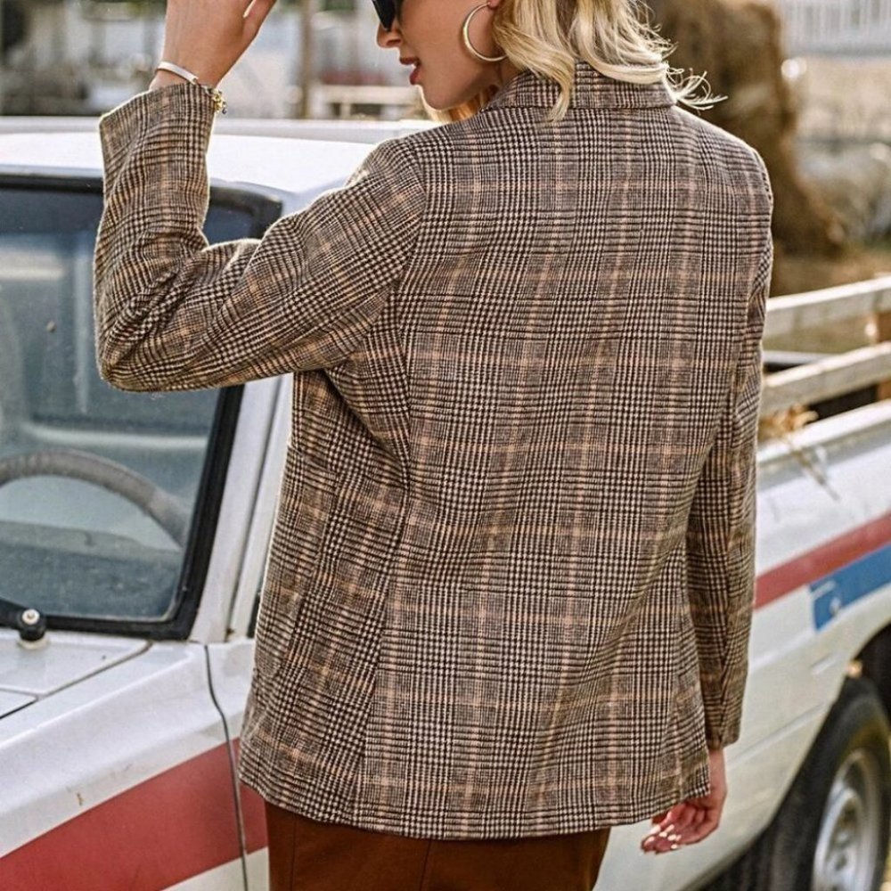 Classy plaid button down Overcoat Jacket Shacket Coat brown - Picture 2 of 8